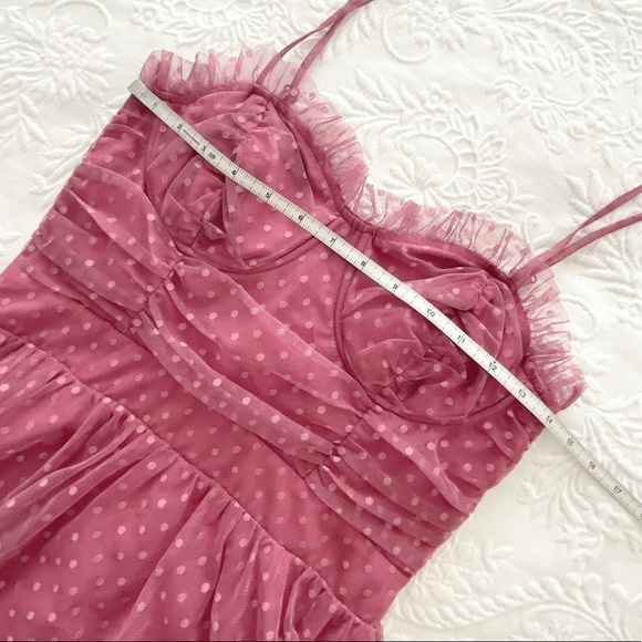 NWOT Lulus Sweetheart Style Mauve Polka Dot Bustier Tiered Midi Dress Small - Picture 10 of 12